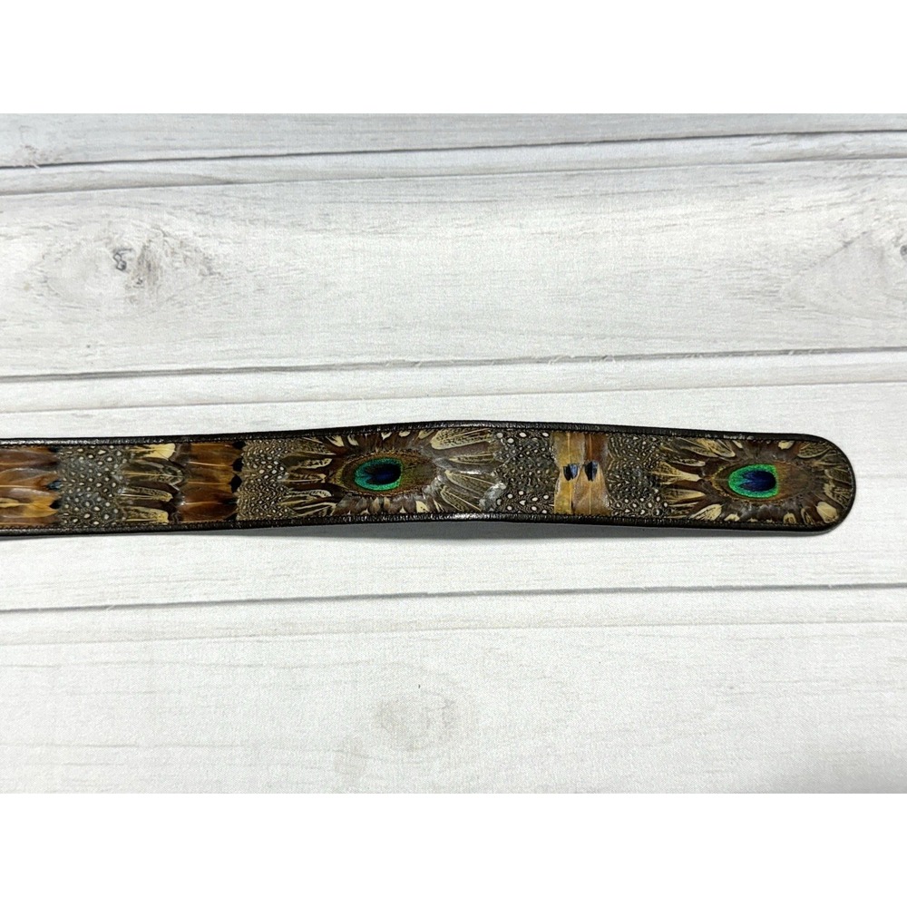 Vintage Peacock Feather Inlay Belt Leather Hippie Boho Gold Tone Slide Buckle - Picture 3 of 10